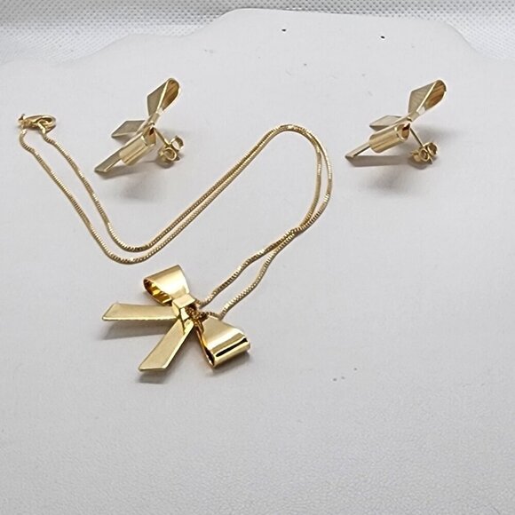 Brand New Brazilian 18k Gold Filled Bow Earrings and Necklace Set - Picture 7 of 7